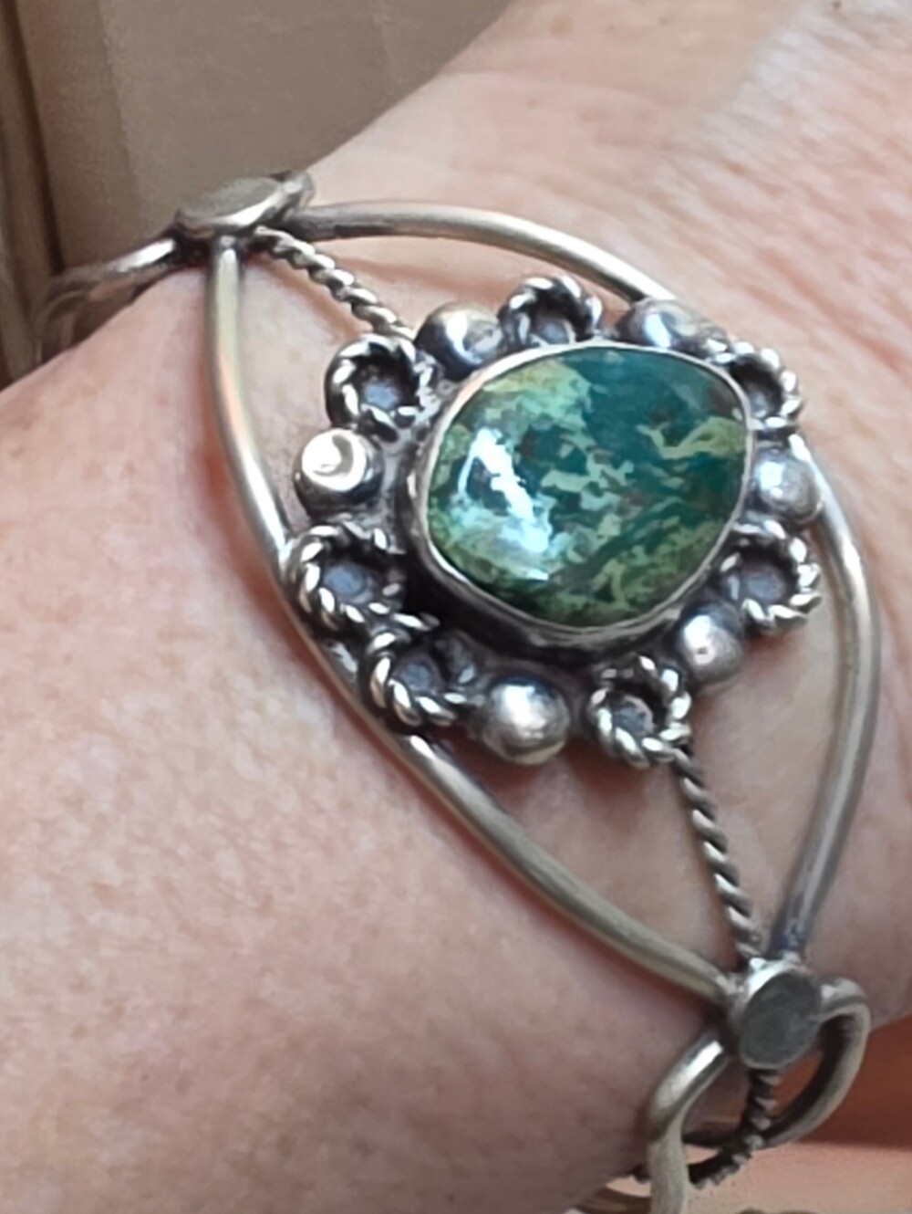 NATIVE AMERICAN GREEN TURQUOISE STARLING SILVER 925 CUFF BRACELET ADJUSTABLE SZ